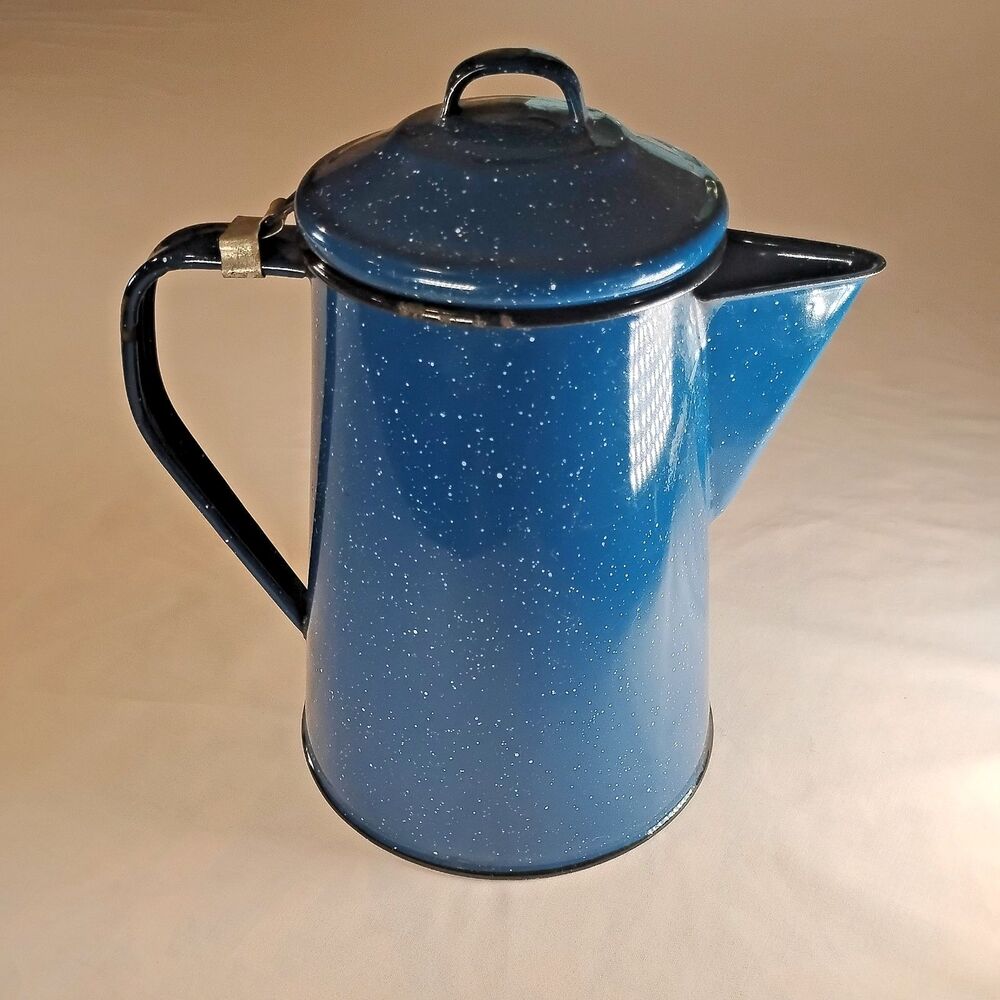 Camping Coffee Percolator Lapis Blue Speckled Enamelware Cabin Rustic Decor Boho